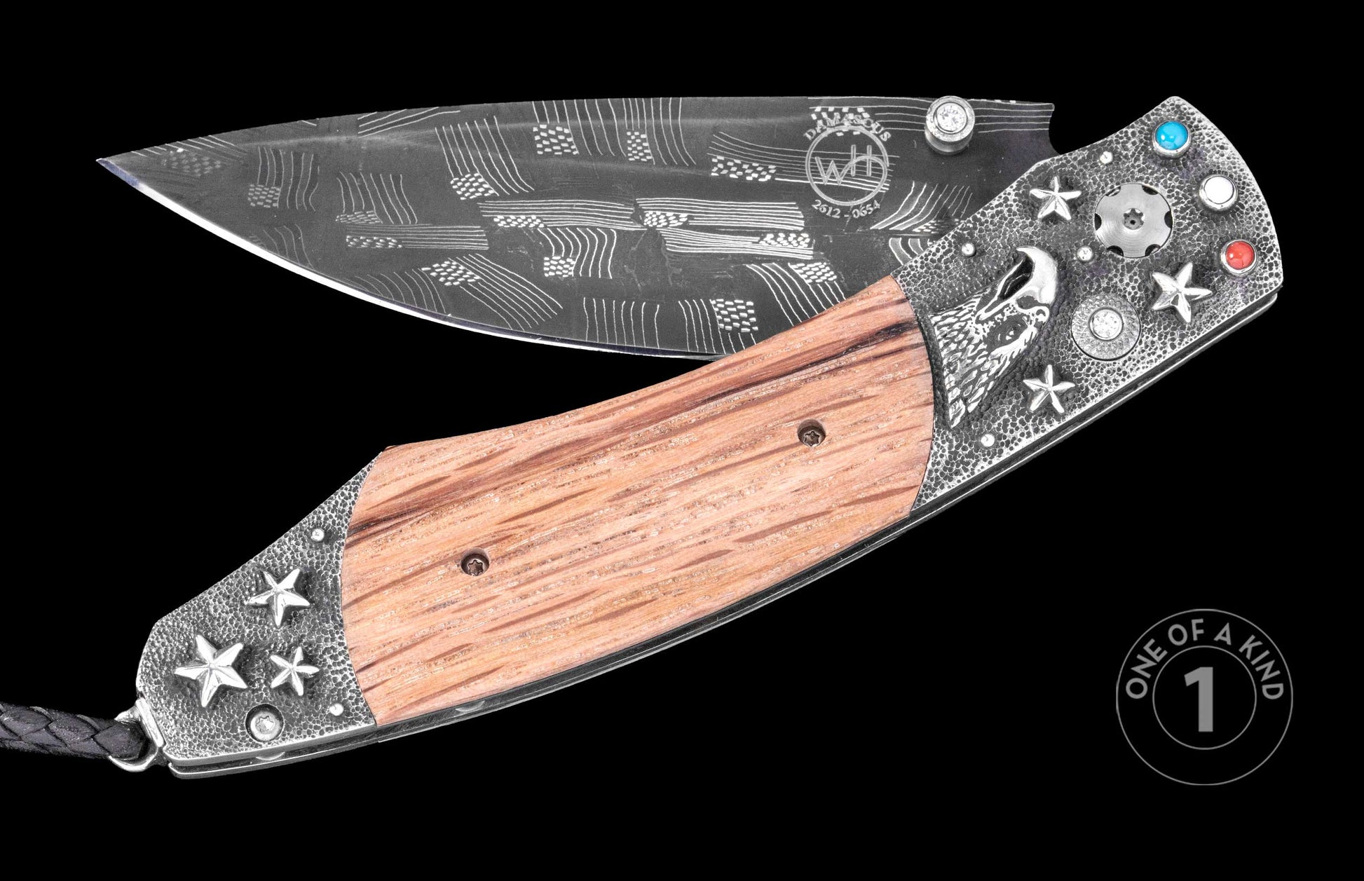 Damascus steel folding knife with wood handle, engraved eagle and stars, gem accents, by WH, one-of-a-kind design, side view
