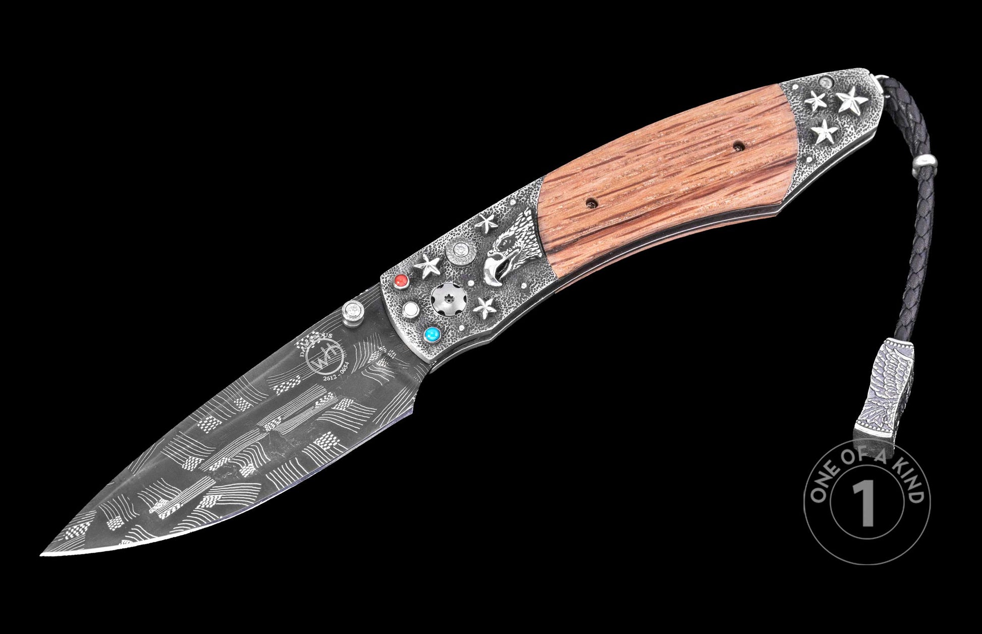 Luxury folding knife with engraved blade and wooden handle, featuring eagle motif and star details, one of a kind, side view