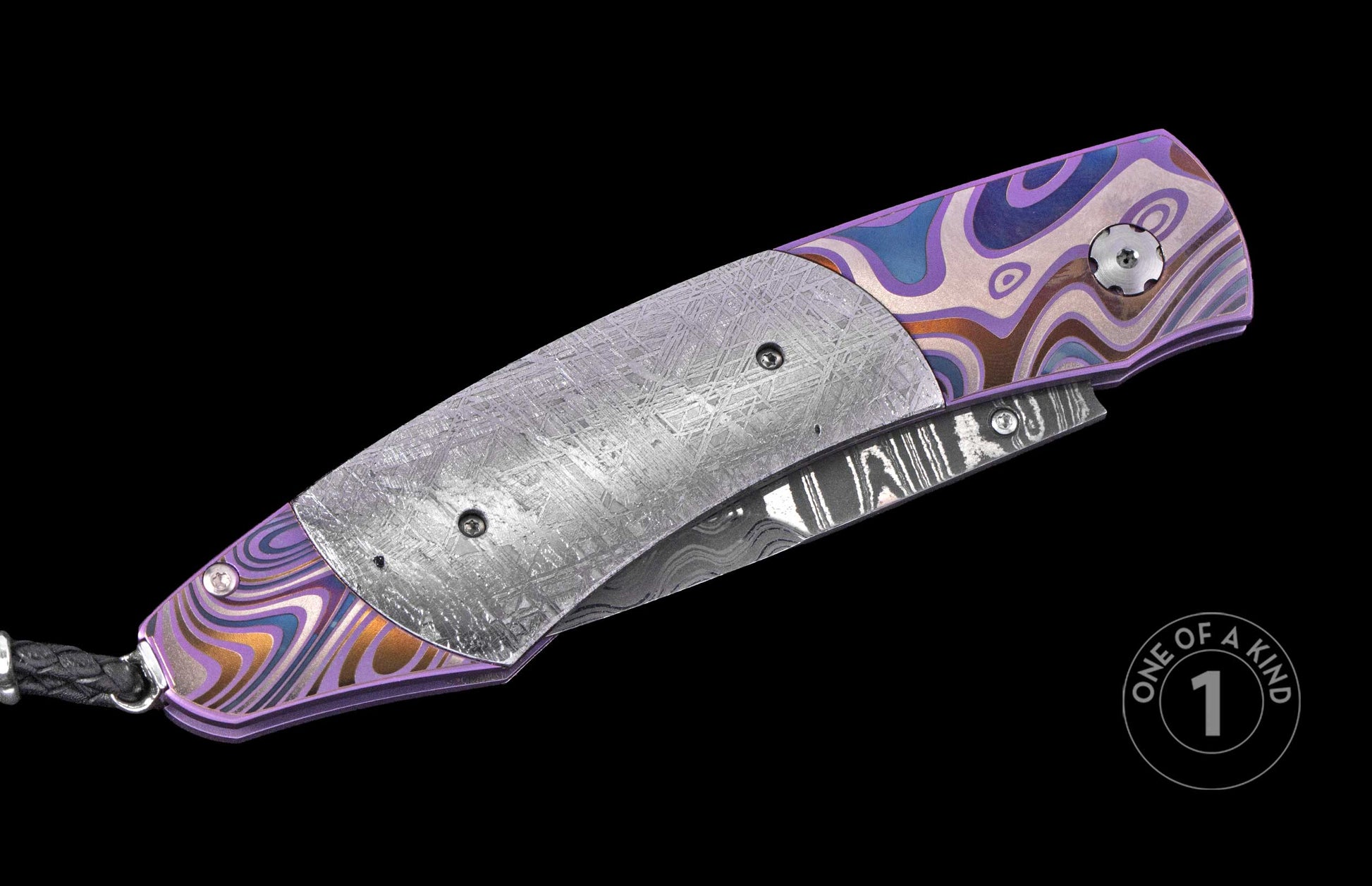 Luxury folding knife with purple and blue marbled handle, textured silver blade, and black braided lanyard, side view, one of a kind