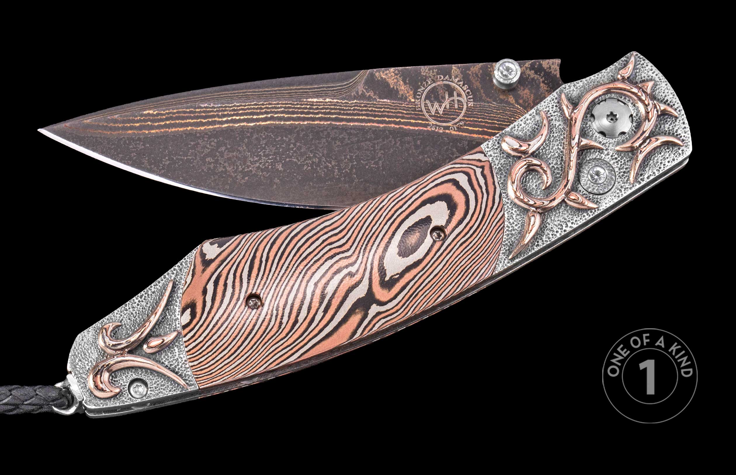 Damascus steel folding knife by WH with copper-accented floral inlays, textured silver handle, and wood-grain pattern, side view
