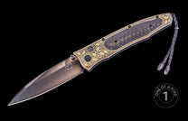 Damascus steel folding knife with carbon fiber handle and gold floral inlay, by MT, featuring braided lanyard, side view, one of a kind