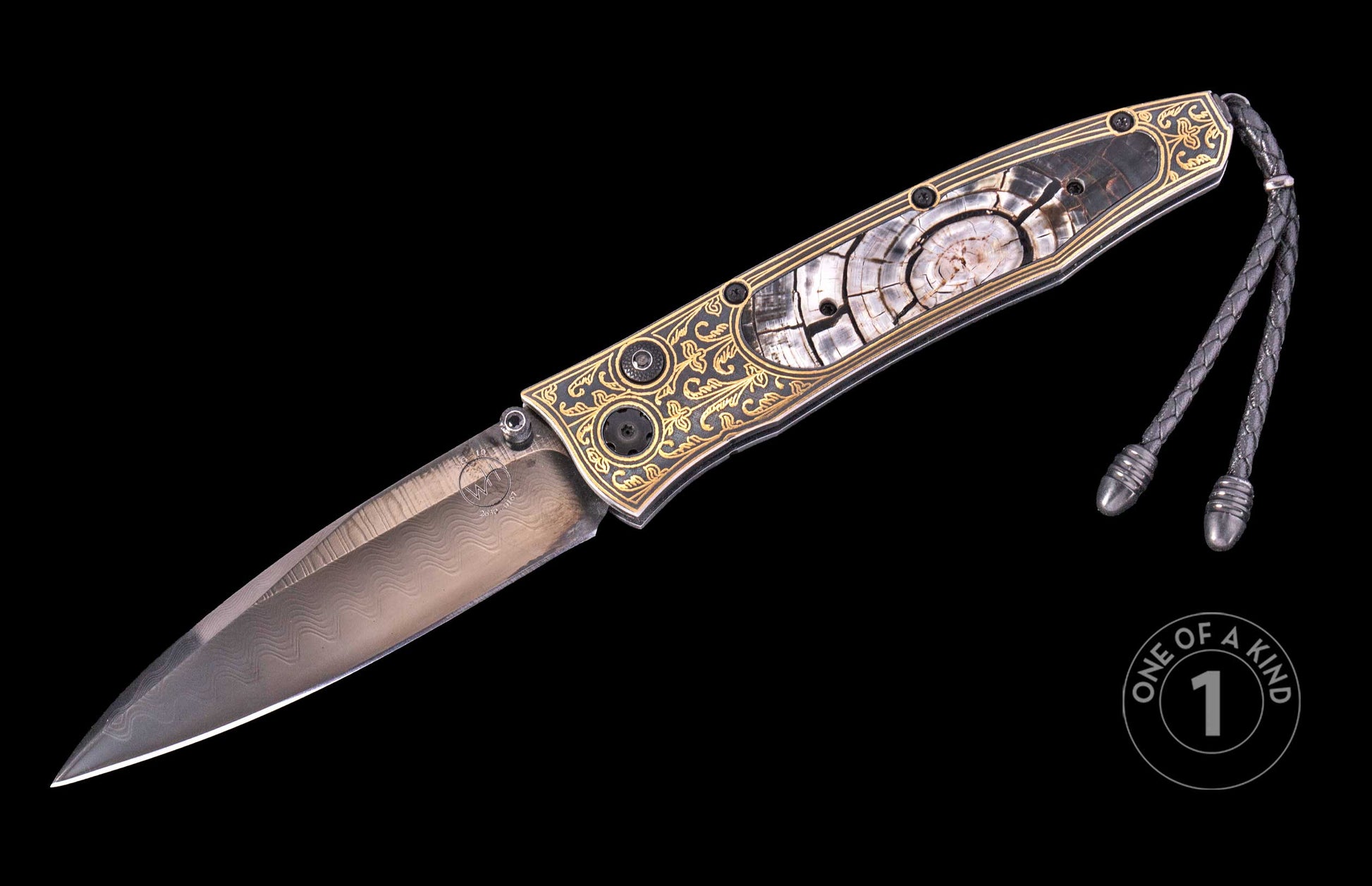 Damascus steel folding knife with mother-of-pearl inlay and gold filigree, by W.T. (one of a kind), side view on black background