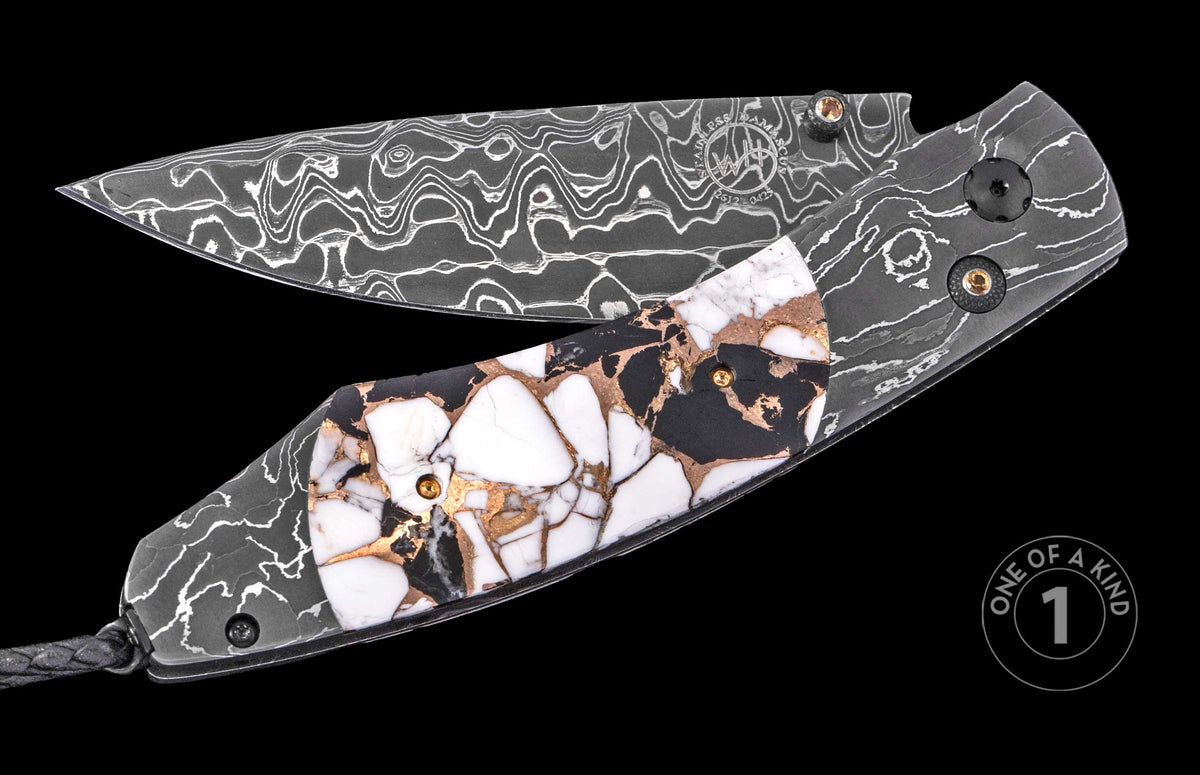Damascus steel folding knife with marbled white and gold handle, by William Henry, one-of-a-kind luxury design, side view on black background
