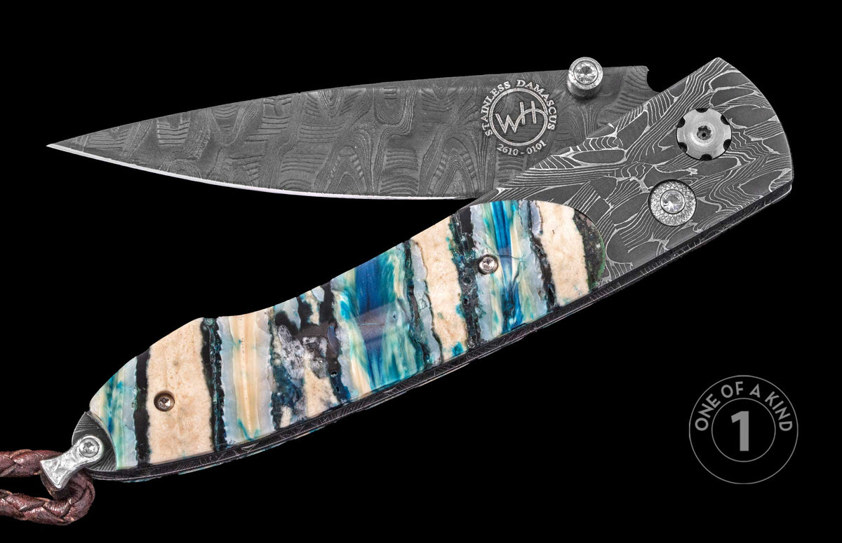Stainless damascus folding knife by WH with blue and cream agate handle, textured blade, side view, one of a kind
