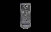 Grey metallic money clip etched with a wavy pattern, featuring "M4 HARD HEAD" text, a "WH" logo, and "01/32" serial number.