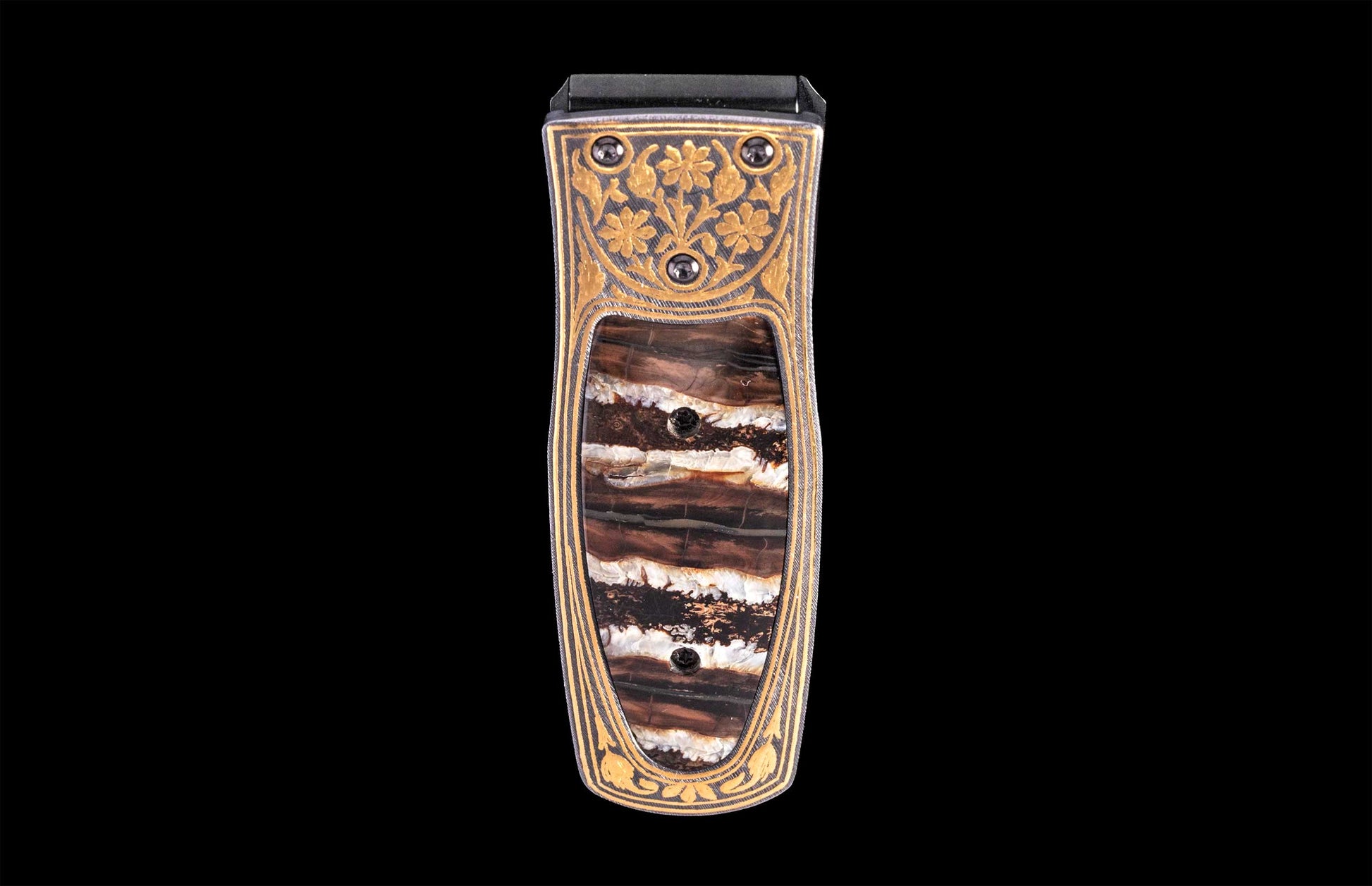 Luxury money clip with intricate gold floral engraving and banded agate inlay, front view