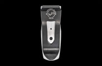 Matte black and brushed silver money clip by M4 Ancient Bloom, engraved with circular logo and limited edition number, front view on black background