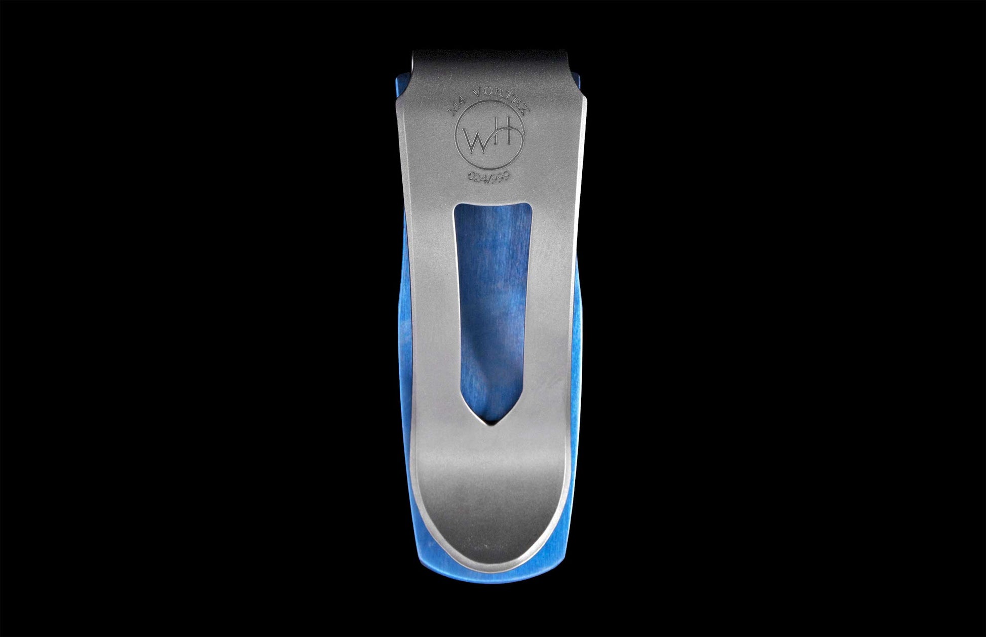 Silver-toned metal money clip by WH, with a blue backing and engraved M4 VORTEX.