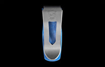 Silver-toned metal money clip by WH, with a blue backing and engraved M4 VORTEX.