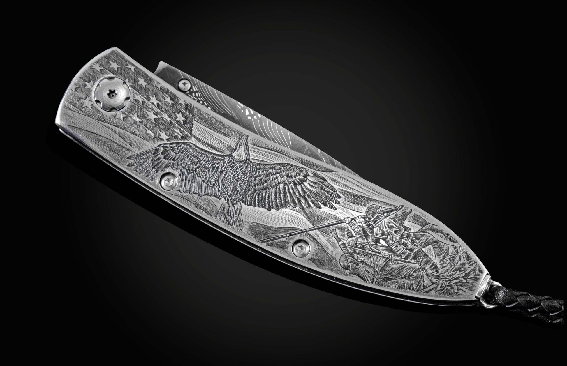 Handcrafted pocket knife from William Henry featuring a stainless steel frame hand-engraved with images of an eagle and soldiers and set with blue sapphires. The blade is hand-forged damascus steel.