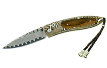 Folding knife with Damascus wavy pattern blade and handle, dark wood inlay, red jeweled pins, and a braided leather lanyard.