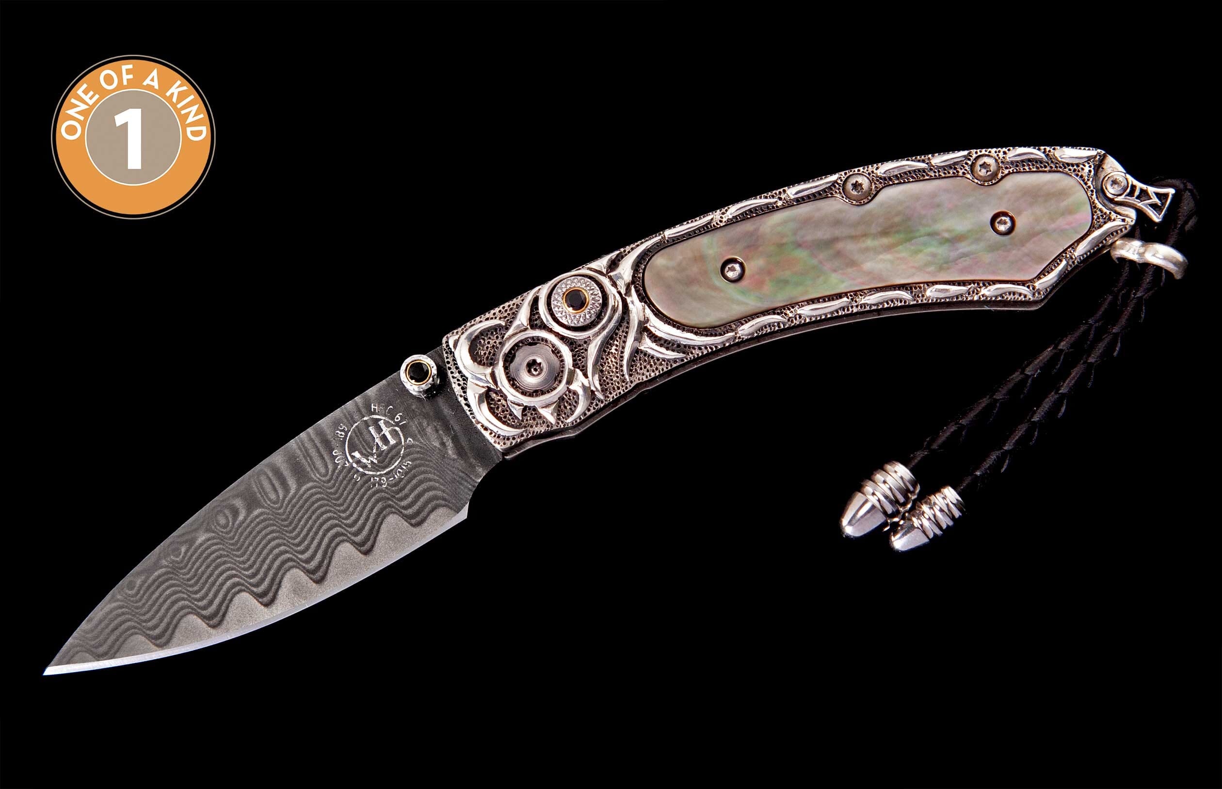 Folding knife with a wavy Damascus steel blade, an ornate silver handle featuring iridescent mother-of-pearl inlay, and a black leather lanyard.