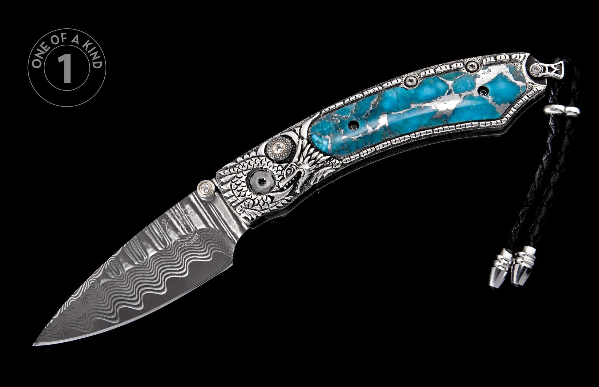 Ornate folding knife with Damascus blade, silver dragon handle, turquoise inlay, and a black leather lanyard.