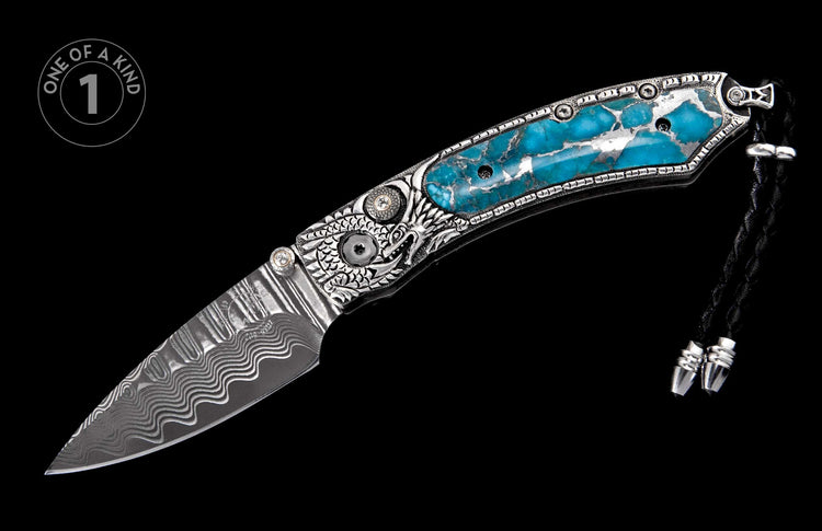 Ornate folding knife with Damascus blade, silver dragon handle, turquoise inlay, and a black leather lanyard.