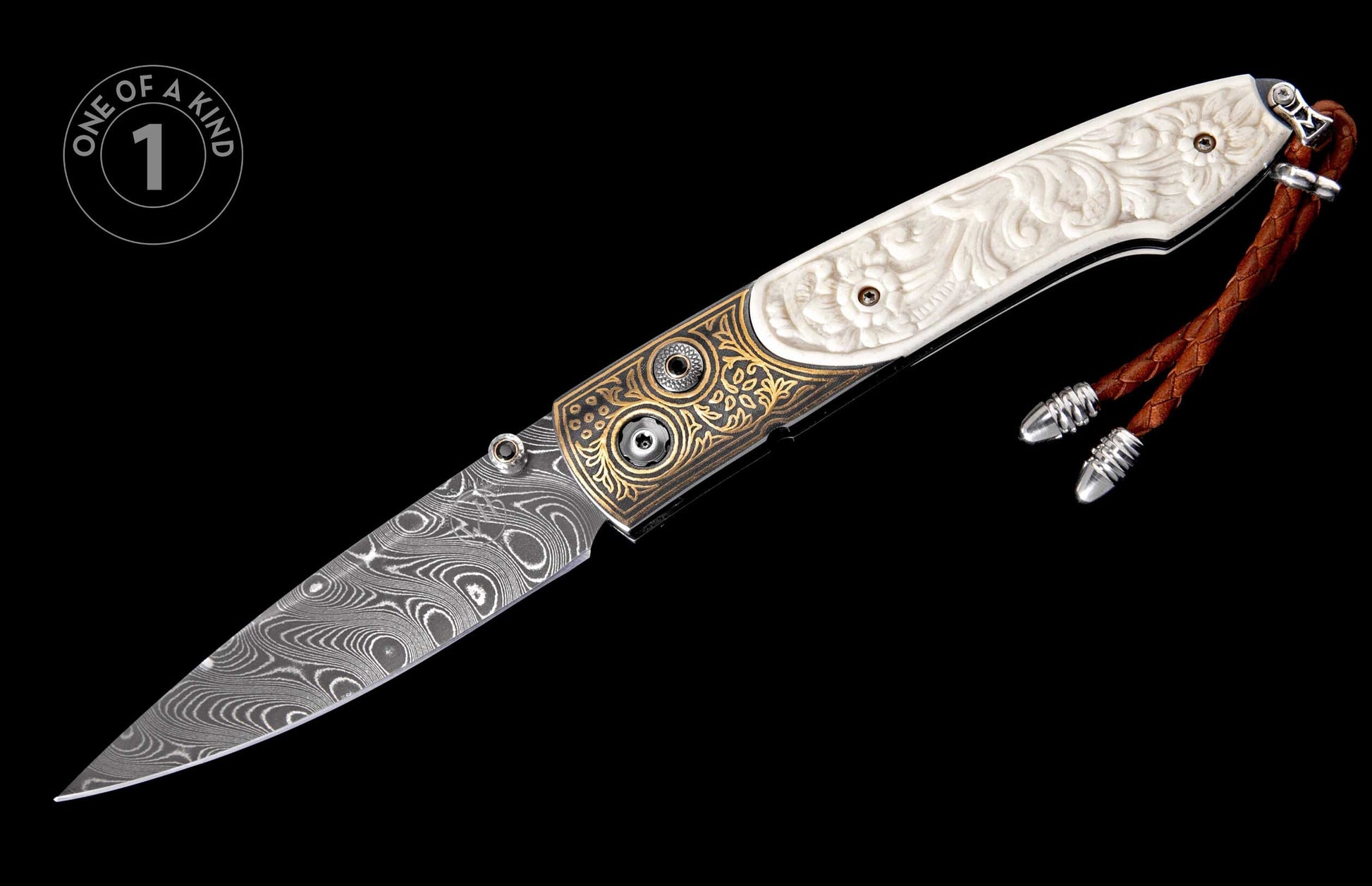Ornate folding knife with a swirling Damascus blade, carved white handle, gold engraved bolster, and brown leather lanyard.