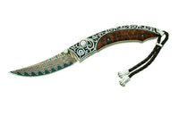 Ornate knife with a curved damascus blade and dark wood handle featuring decorative silver scrollwork, finished with a braided leather lanyard.