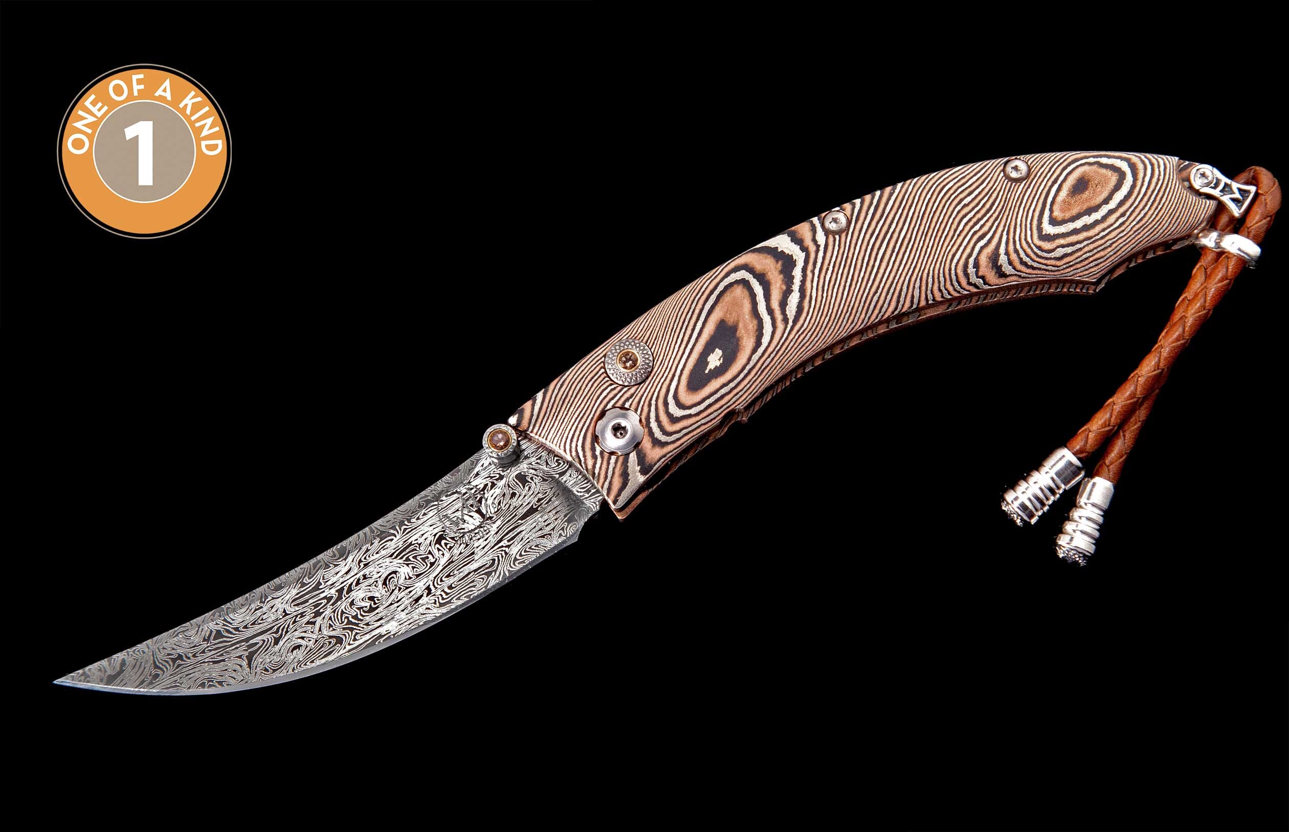 Folding knife with a unique Damascus blade and handle pattern, decorative studs, and a braided leather lanyard.
