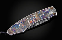 Handcrafted William Henry custom knife with anodized titanium frame with color laser engraving