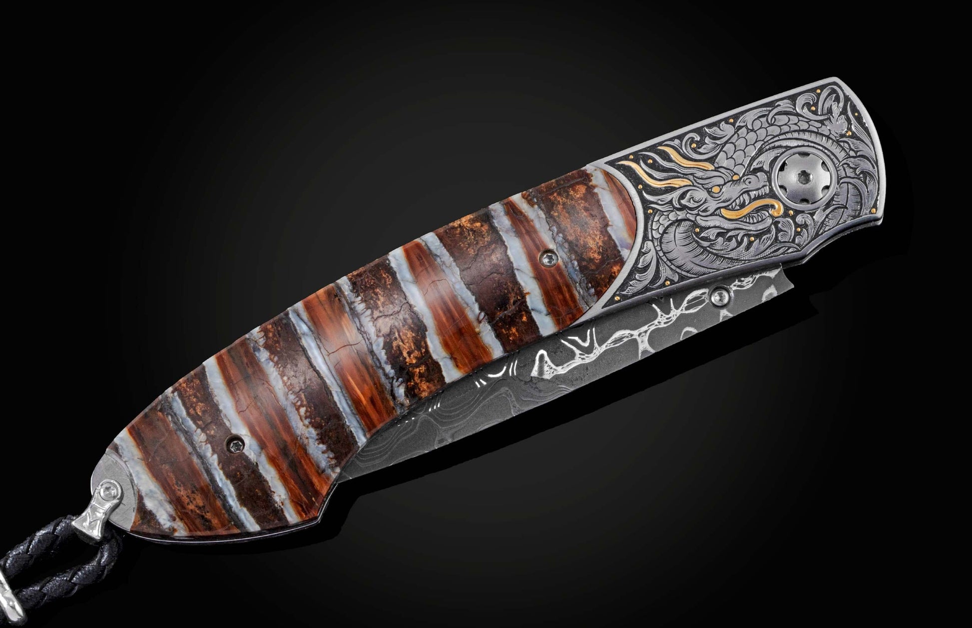 000 year-old fossil Woolly Mammoth tooth in a brilliant striped color pattern. The blade is hand-forged