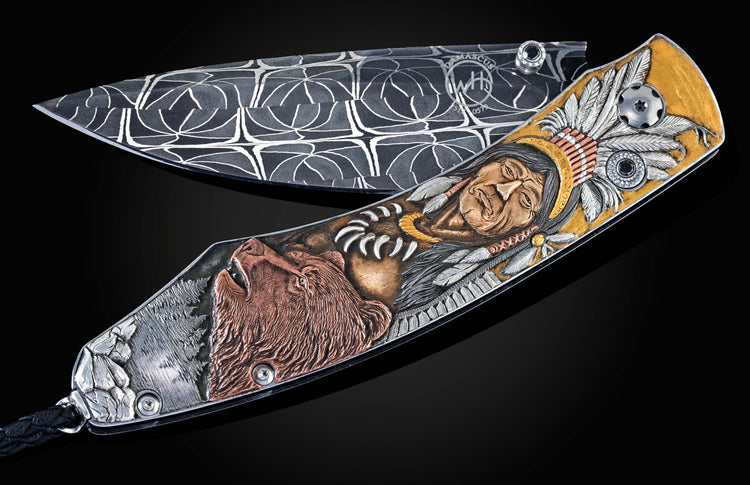 Custom William Henry pocket knife featuring hand-engraved native American scenes in copper, silver, tombac and 24K & 18K gold inlays by Dusan Hronec, with black diamonds, and a hand-forged damascus steel blade by Robert Eggerling