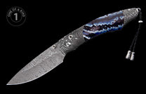 Knife with a Damascus patterned blade and a blue, purple, and white agate-like handle, with silver lanyard beads, displayed diagonally with a 'One of a Kind' label.