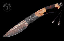 Wavy copper and silver Damascus folding knife with etched blade, matching Damascus handle, burl wood inlay, and a braided lanyard.