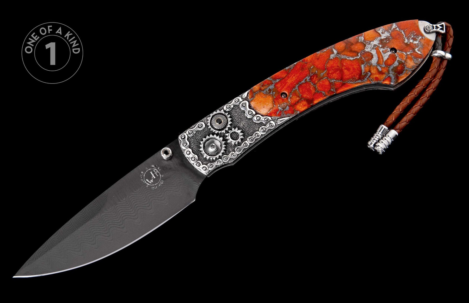 Folding knife with a Damascus blade and orange marbled handle, detailed with silver gears, chain links, and a brown braided leather lanyard.