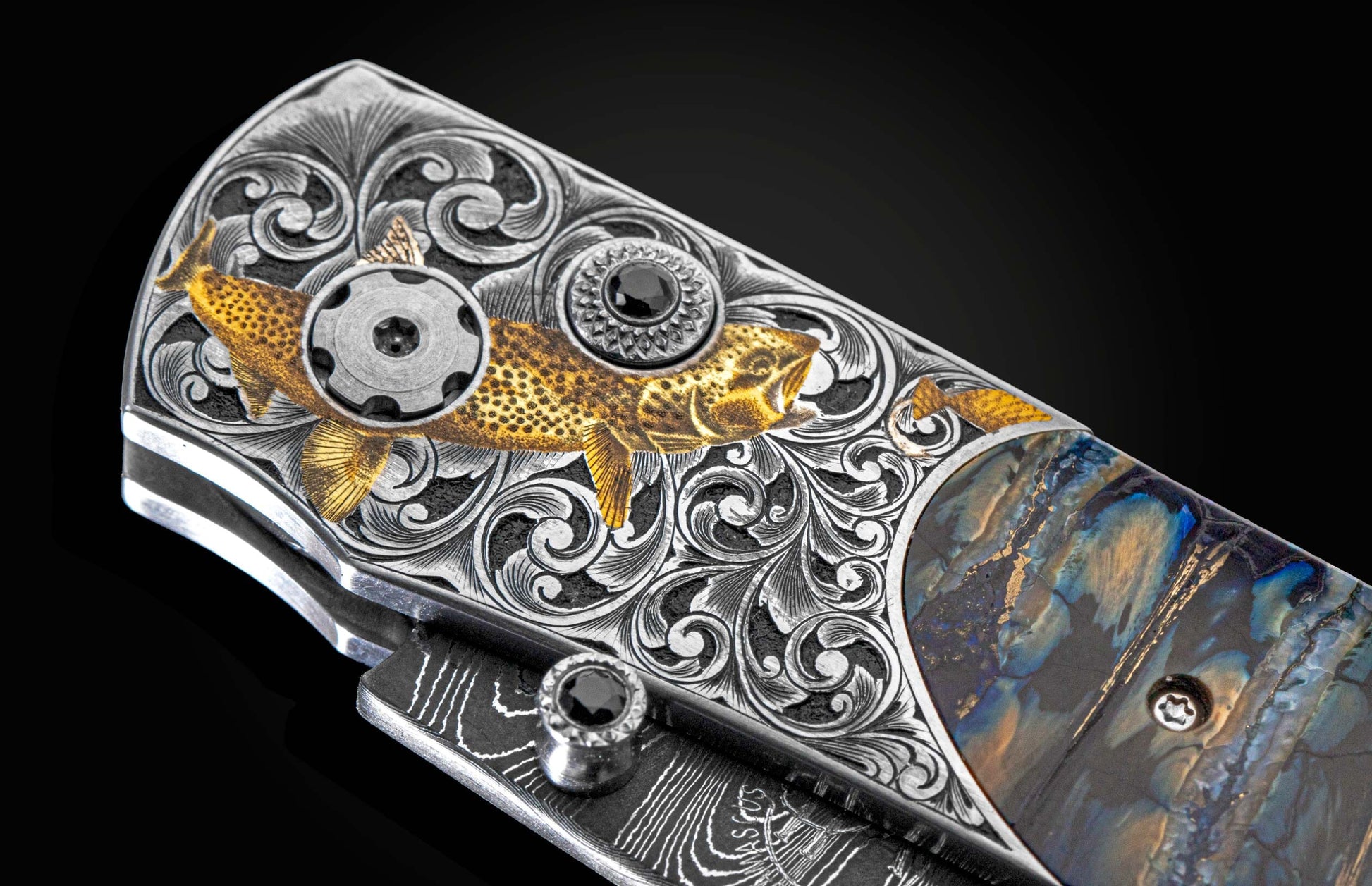  spinel gem stones and hand-forged damascus steel blade with Gibeon Meteorite by Chad Nichols