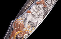Folding knife with a Western frontier theme, featuring an engraved silver frontiersman, bronze saddle details, and a Damascus steel blade.