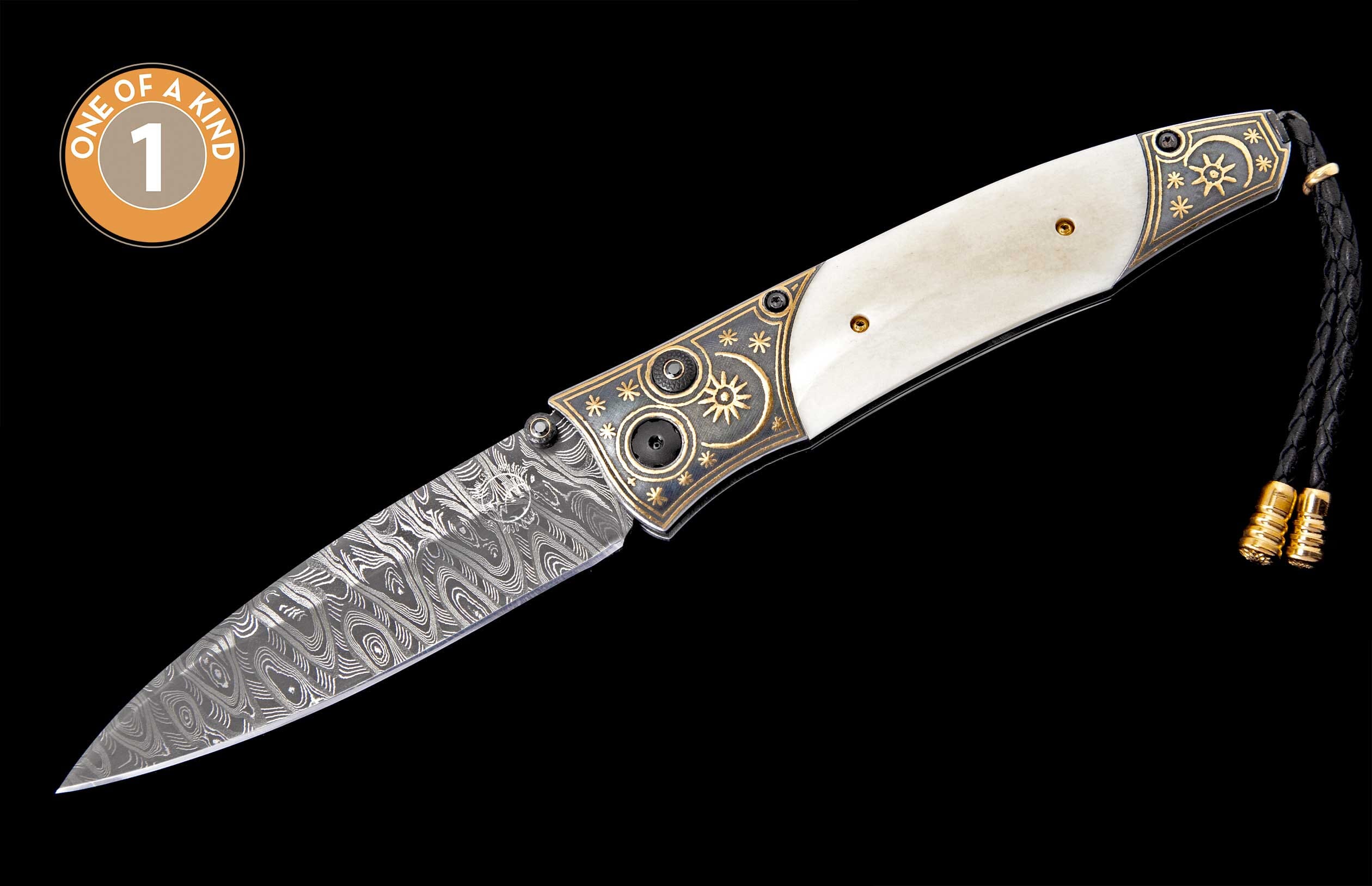 Ornate folding knife with cream handle, Damascus blade, gold-engraved bolsters, and a 'ONE OF A KIND' badge.