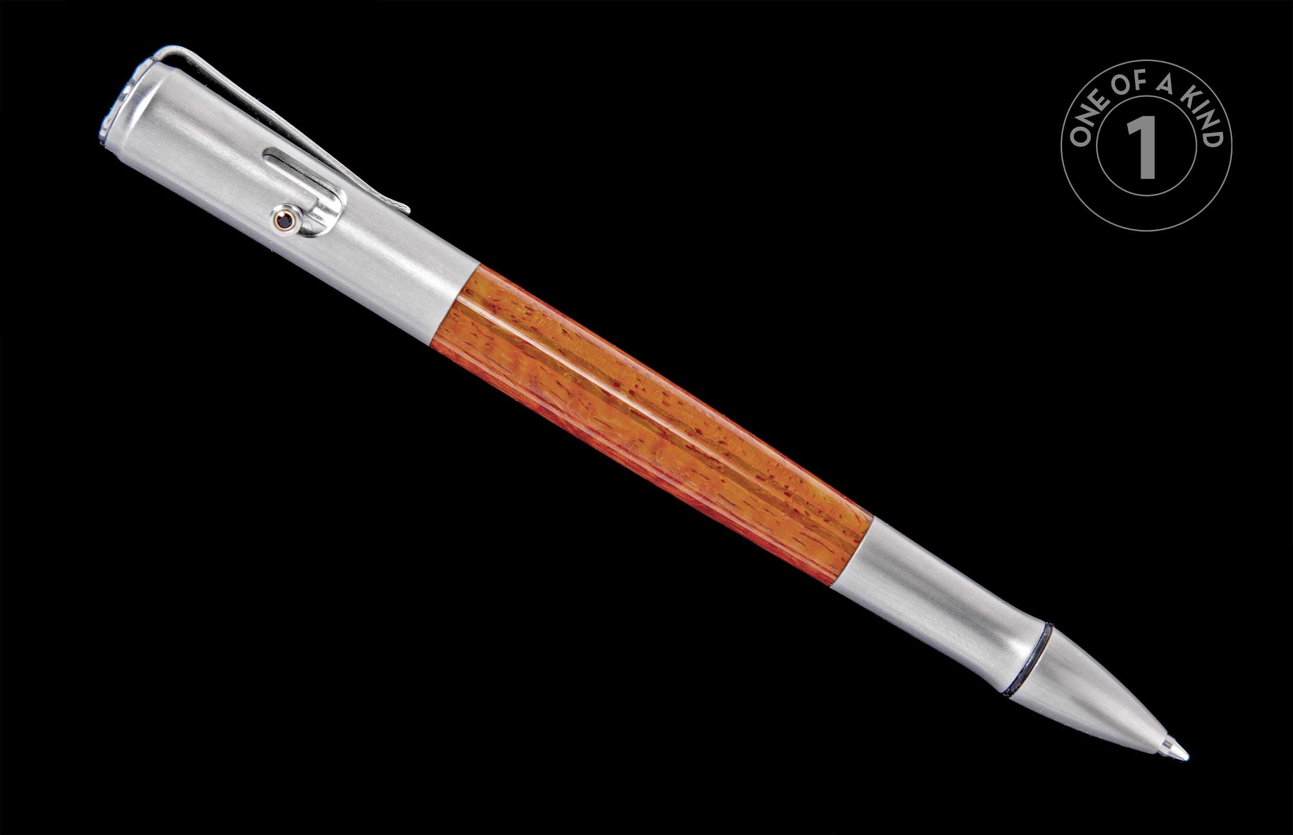 Silver and reddish-brown pen with brushed metal ends and a wood grain body, featuring a clip with a small dark red accent, shown diagonally.