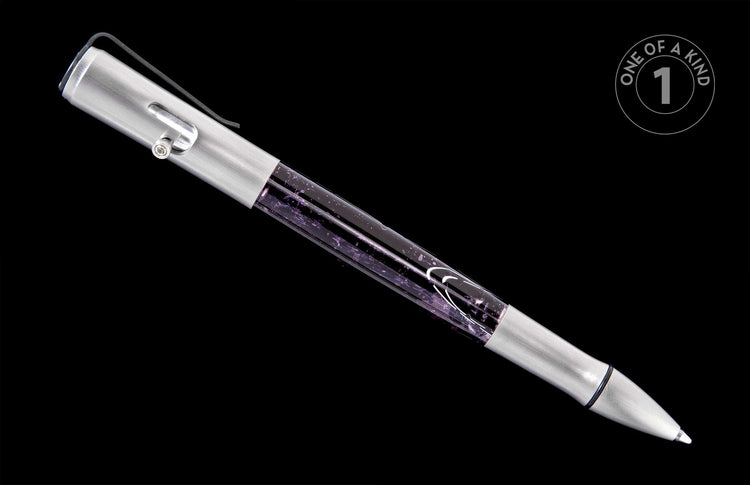Silver brushed pen with a clear barrel showcasing purple and white internal swirl designs, featuring a metal clip.