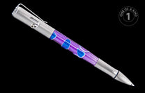 A piece of jewelry designed as a brushed silver pen with a translucent purple barrel and blue liquid shapes.