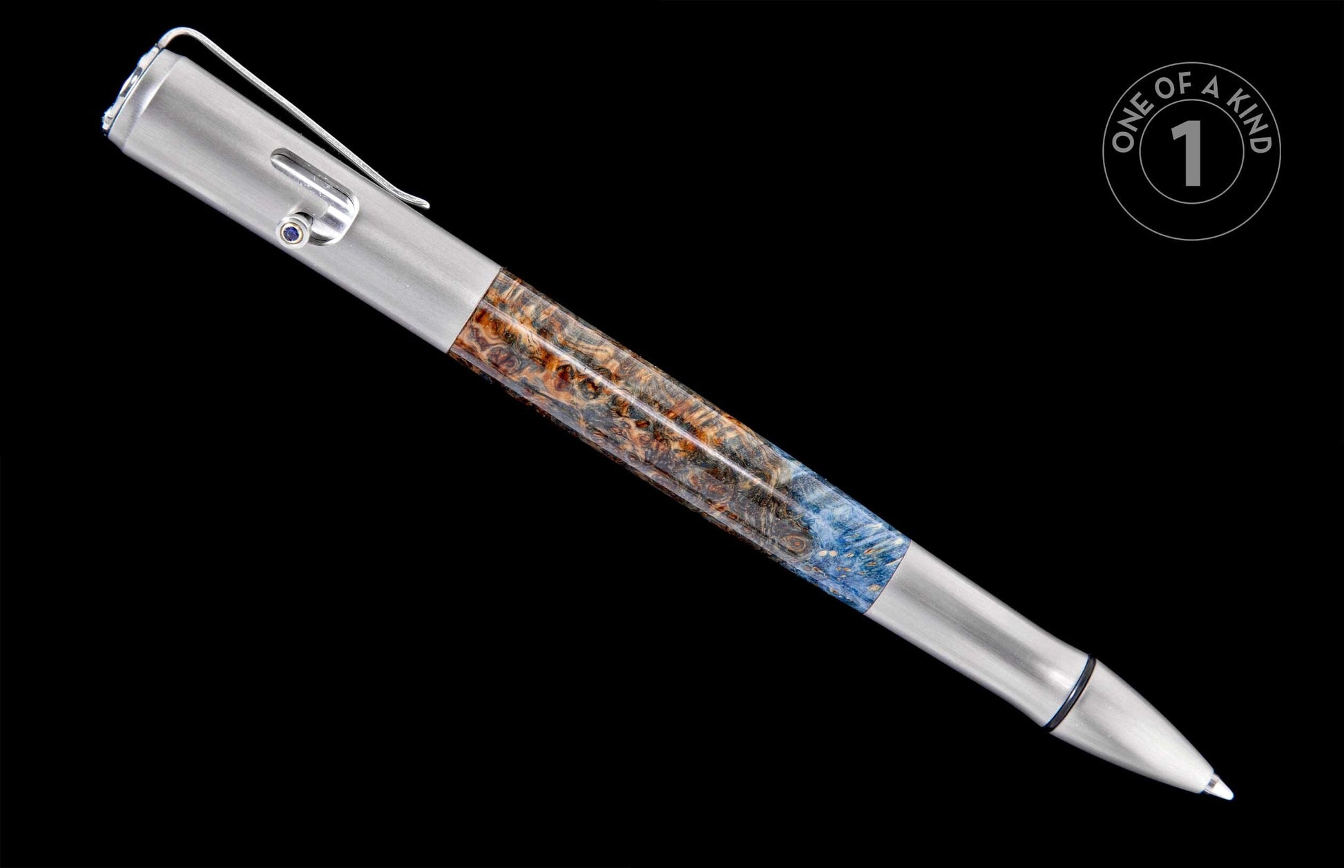 Brushed metal pen featuring a unique swirled body in brown and blue wood or resin with a small blue gem.