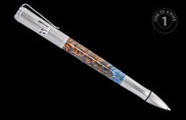 Brushed metal pen featuring a unique swirled body in brown and blue wood or resin with a small blue gem.
