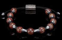 BB19 DB RB - REG ADJ|Reddish-brown patterned bead bracelet with dark silver metal spacers, a textured rectangular clasp, and black adjustable cord.