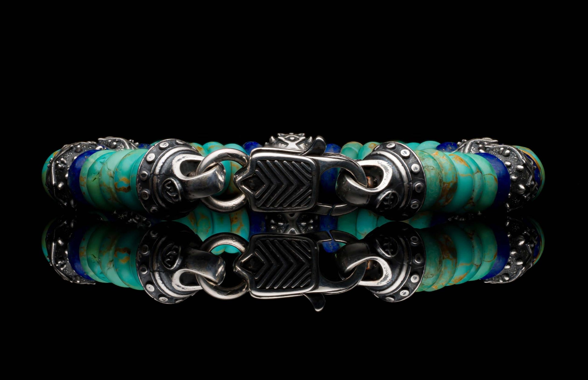 Handcrafted William Henry men's bracelet with  Kingman turquoise and lapis lazuli rondelle beads