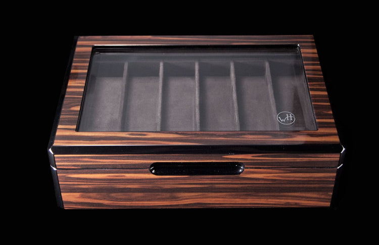 Wooden collector display case with dark brown striped finish, clear glass top, and six gray felt compartments.