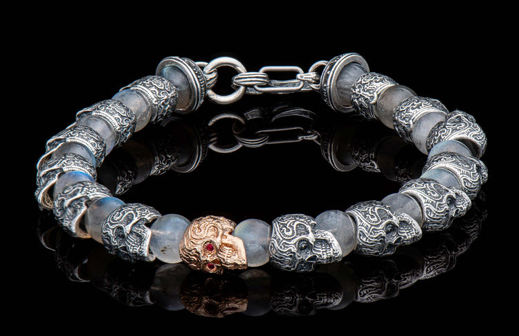 The Nimbus Men's Beaded Bracelet with 18K Rose Gold, Skulls, and Labradorite