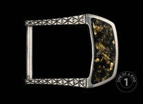 One of a kind belt buckle from William Henry featuring sterling silver and 23.5K gold foil in resin
