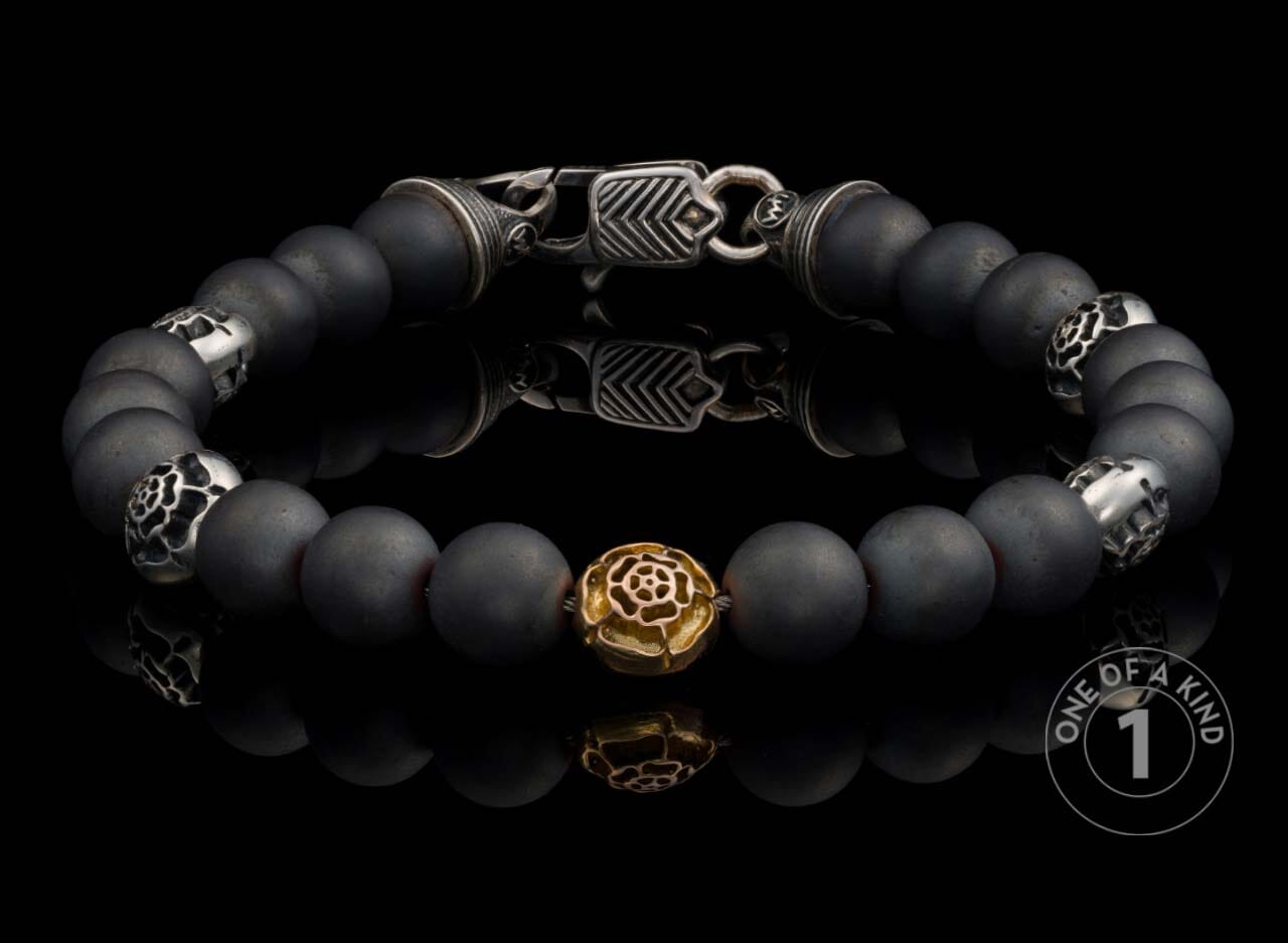 One of a kind bracelet from William Henry featuring hematite, rose gold, and sterling silver beads.