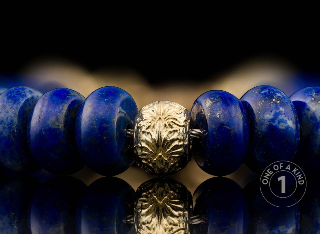 One of a Kind bracelet from William Henry featuring 18K Yellow gold and lapis lazuli beads.