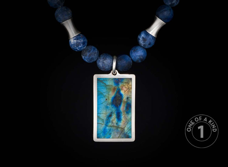 One of a kind sterling silver pendant necklace from William Henry featuring a labradorite inlay and sodalite beads.
