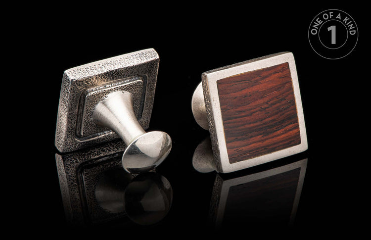 Pair of square cufflinks featuring textured silver-toned metal and dark wood inlay, one from front and one from back.