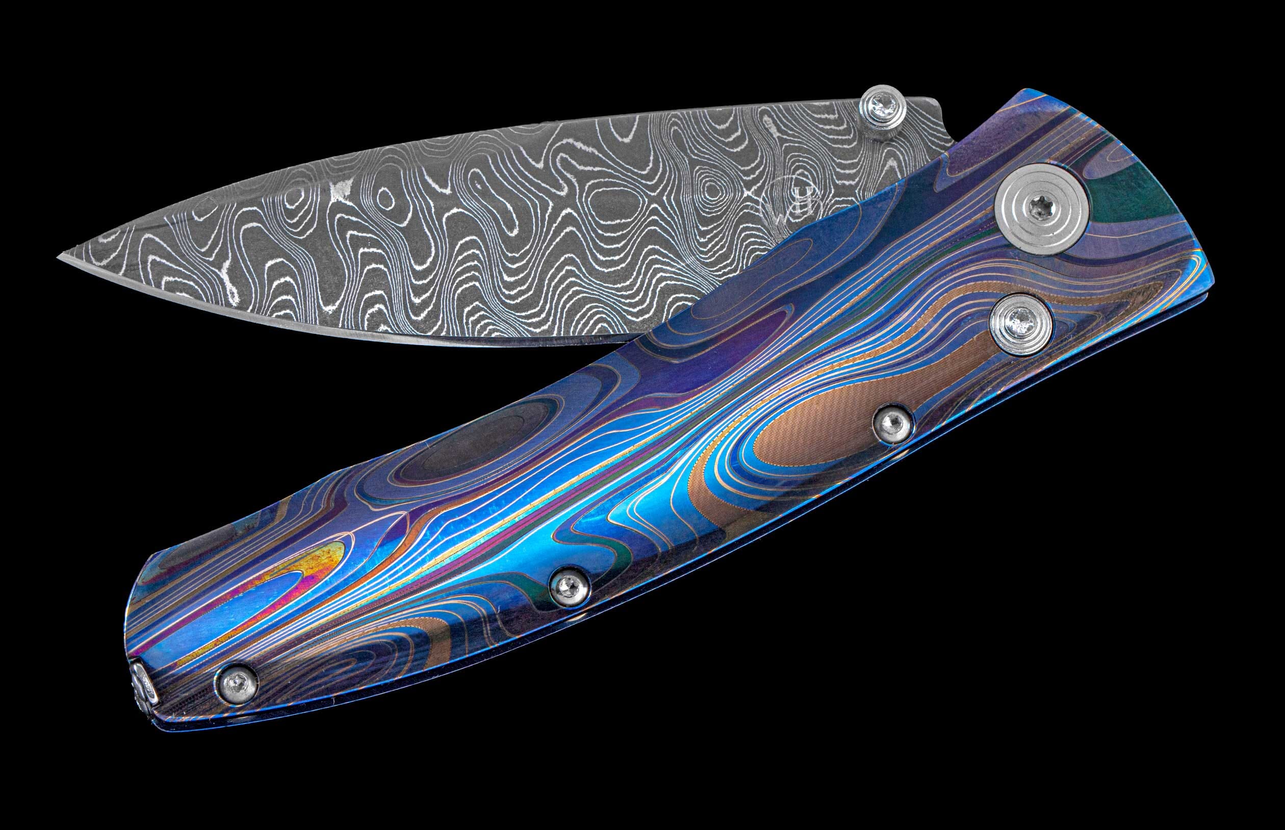 Handcrafted William Henry pocket knife with Laser color-engraved titanium frame and hand forged damascus steel blade