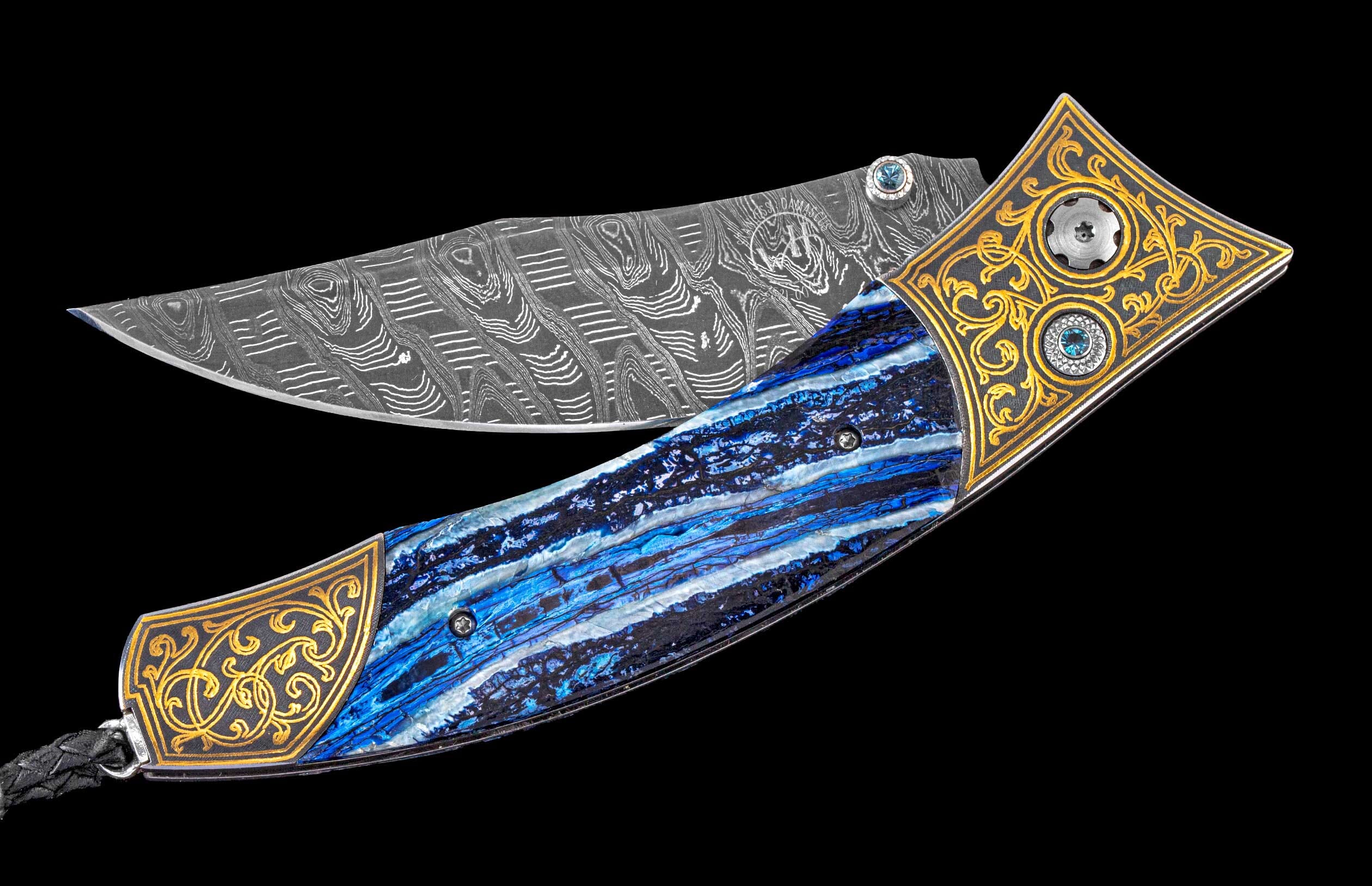 One of a Kind Custom William Henry Knife with blue Fossil Mammoth tooth, 24K gold Koftgari inlay, Kashmir Blue topaz, and damascus steel blade