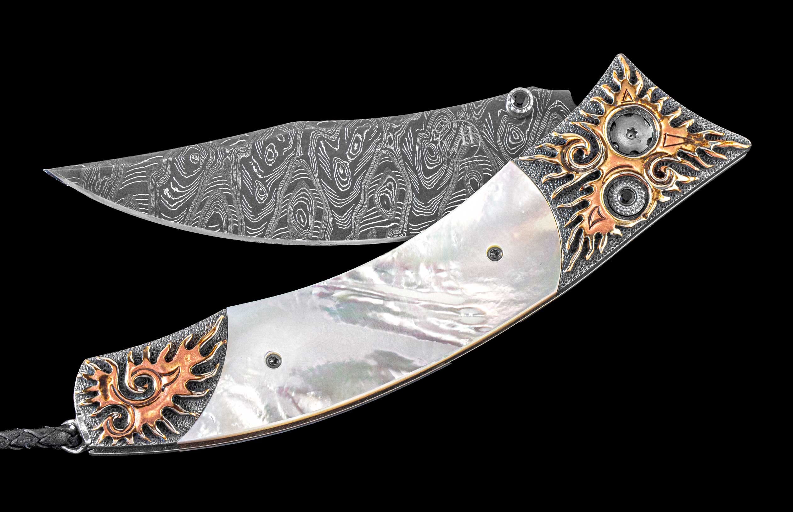 One of a Kind Custom William Henry Knife with a Hand-carved sterling silver & mokume frame set with mother of pearl scales and spinel gemstones.