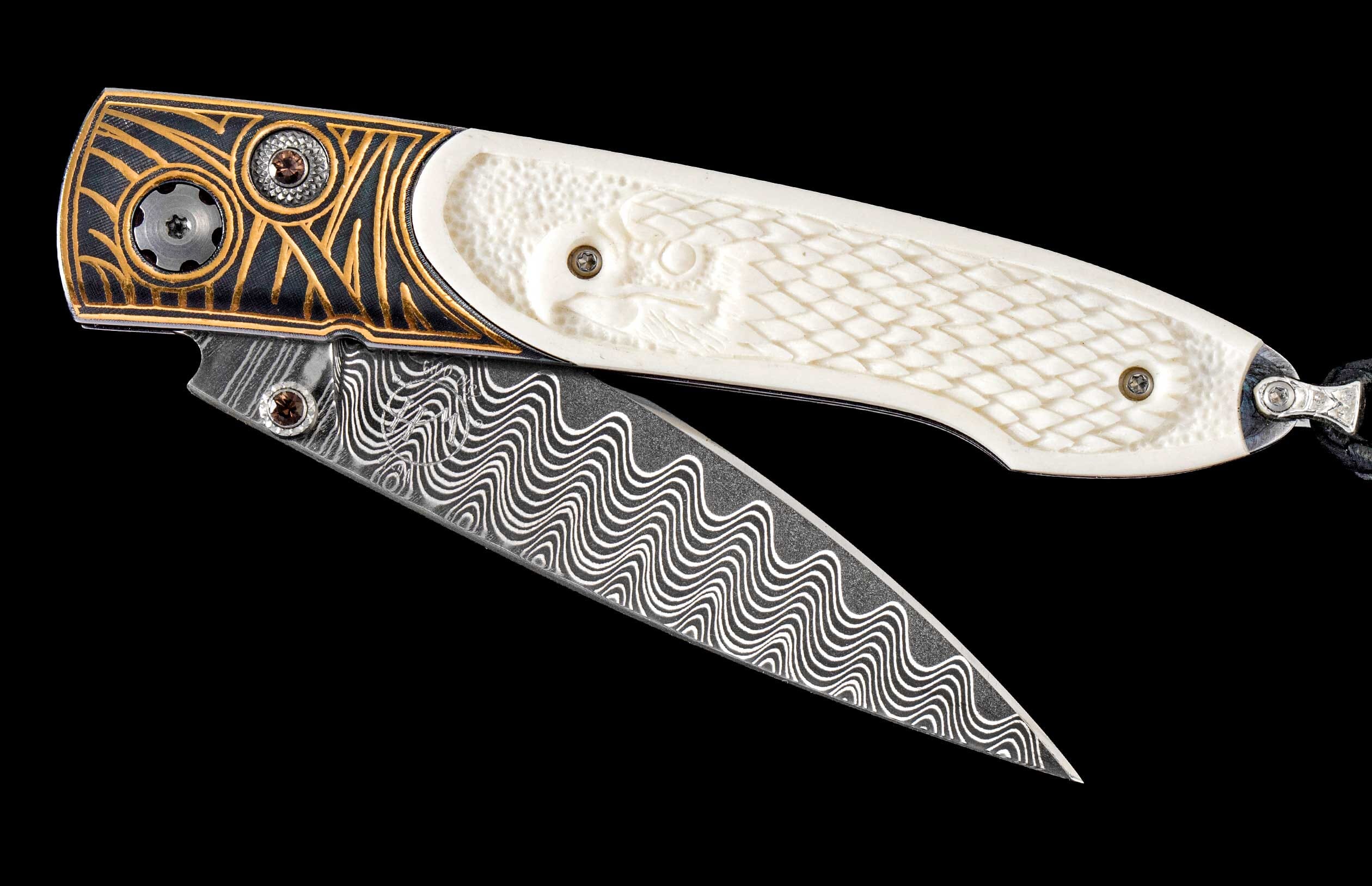 One of a kind custom William Henry knife with Damascus steel, inlaid 24K gold Koftgari, Hand-carved cattle bone and Smoky Quartz