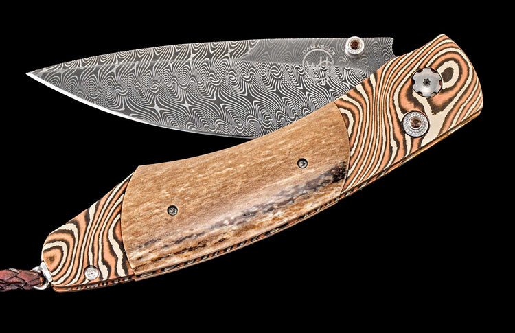 One of a kind custom William Henry knife with Damascus steel, Mokume gane, Petrified wood and Smoky Quartz