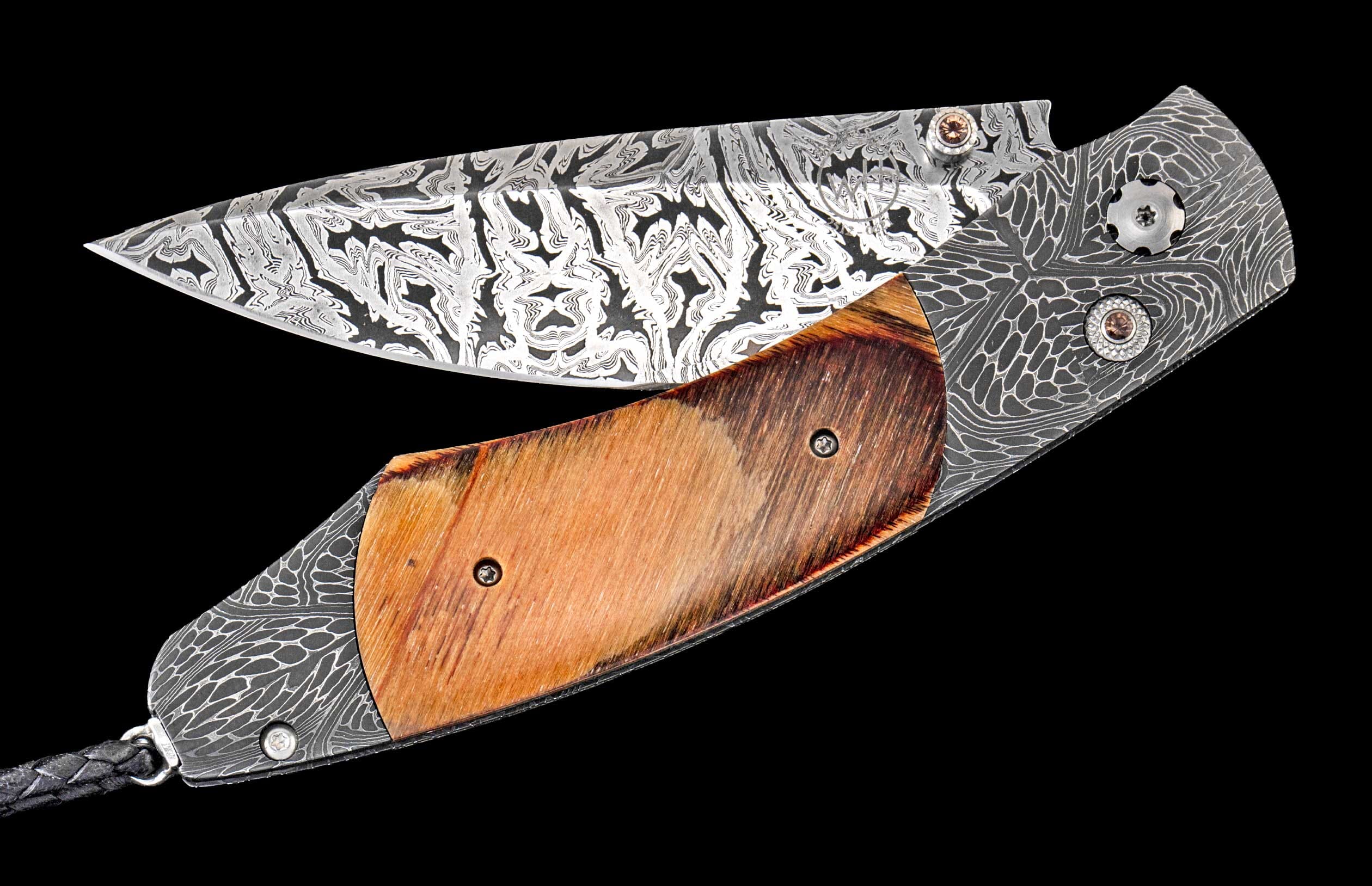 One of a kind William Henry custom knife with Damascus steel, wood from the Spruce Goose, and smoky quartz